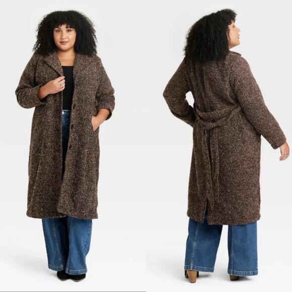 Ava & Viv Jackets & Blazers - Ava & Viv Women's Brown Tweed Knee Length Belted Coat Size 3X